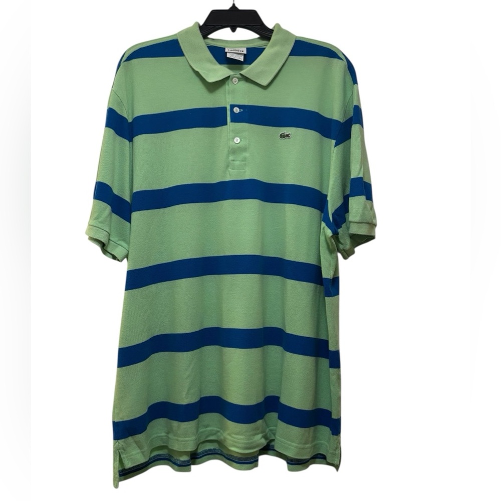 LACOSTE Green and Blue Striped Short Sleeved Polo Shirt